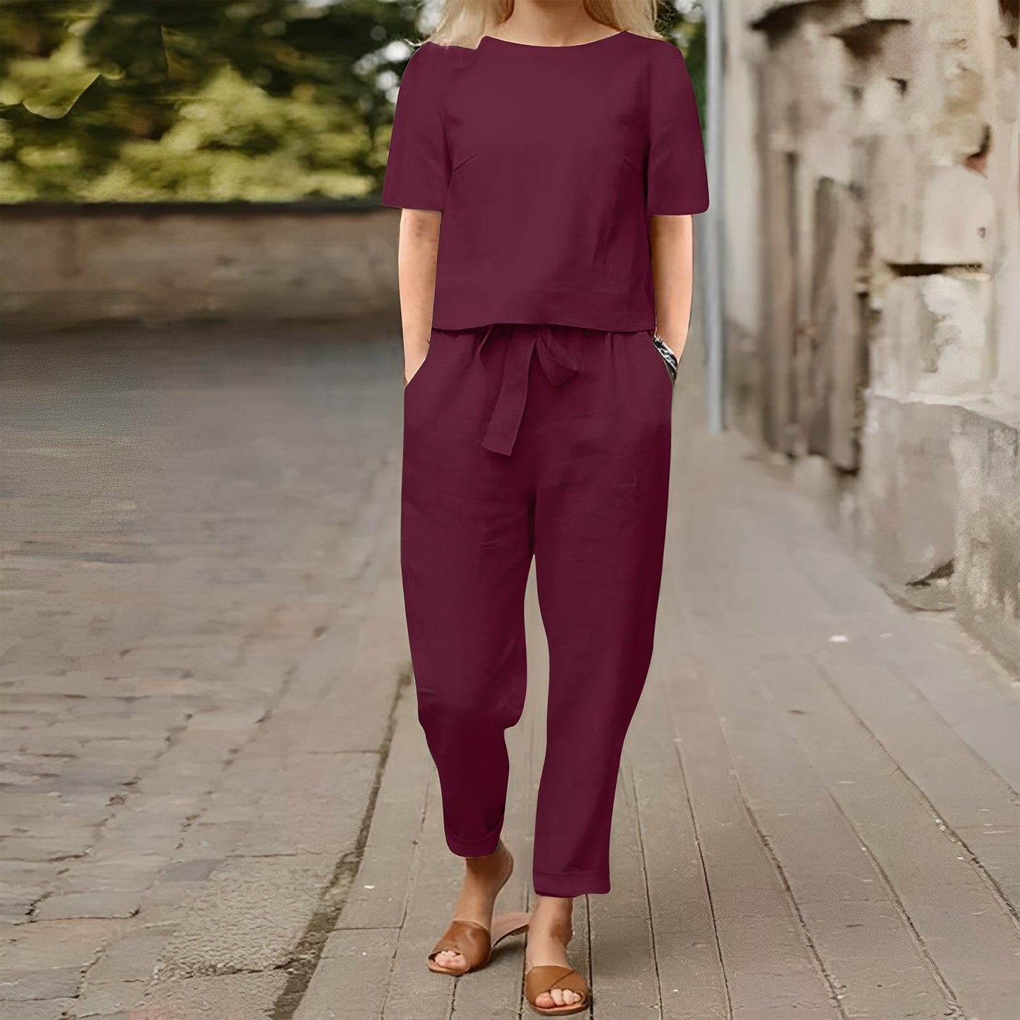 Kerine - Ansamblu pantalon din bumbac și in pentru femei