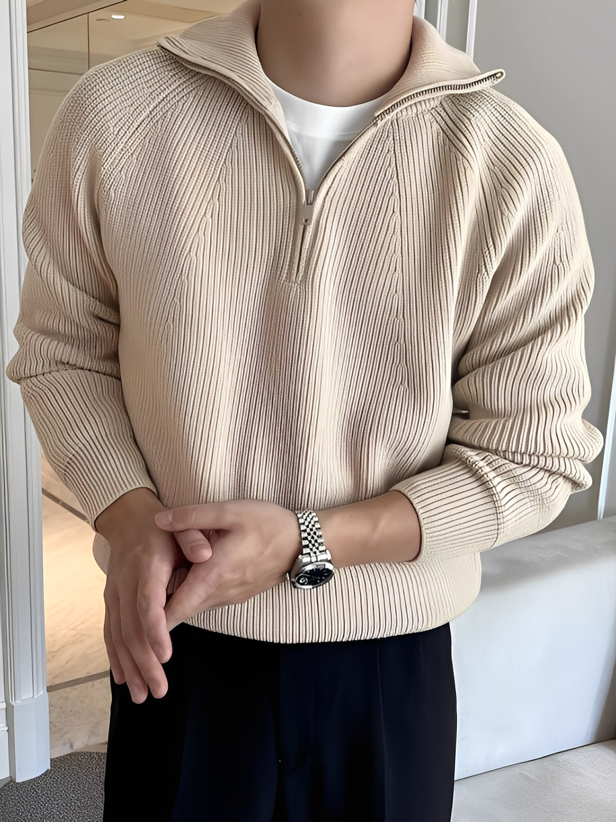 Lucas - Pulover stilat din tricot cu fermoar pe jumătate pentru bărbați