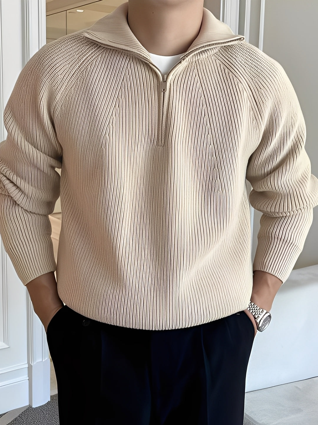 Lucas - Pulover stilat din tricot cu fermoar pe jumătate pentru bărbați